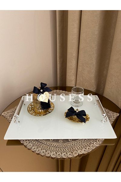 Housess Promise Engagement Henna Tray White Decorative Rectangular Silver Handled Presentation Tray 22,5x33 Cm