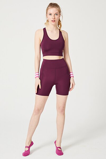 ENNA MODA Mürdüm Moru Yüksek Bel Çift Cepli Toparlayıcı Spor Şort Ve Bra Set