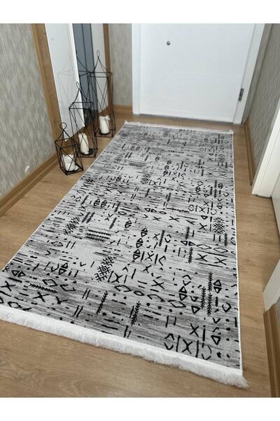 MBA Three-Dimensional Gray Fringed Patterned - Washable Embossed Non-Slip Black Base Carpet