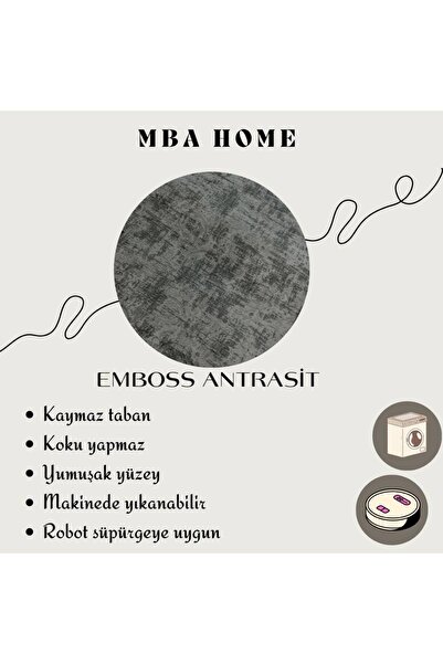 MBA Anthracite Patterned Emboss Fringed - Washable Carpet with Non-Slip Base