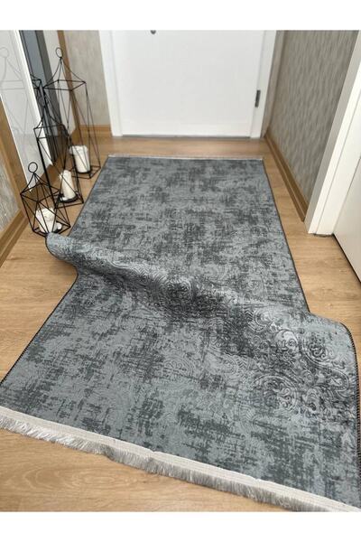 MBA Anthracite Patterned Emboss Fringed - Washable Carpet with Non-Slip Base