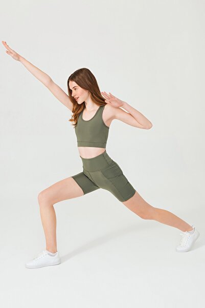 ENNA MODA Khaki Green High Waist Double Pocket Recovery Sports Shorts and Bra Set