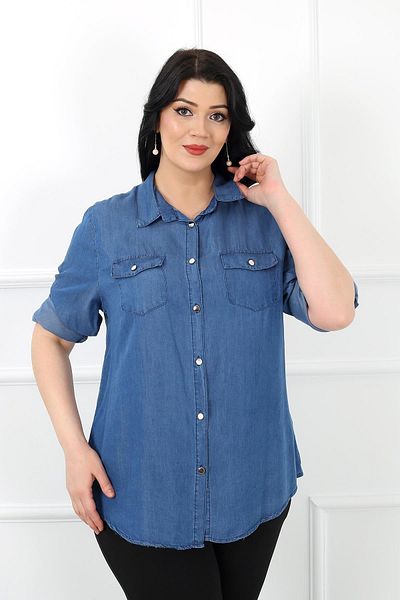 By Alba Collection Blugi cu buzunare dublu pentru femei, cămașă de mărime mare