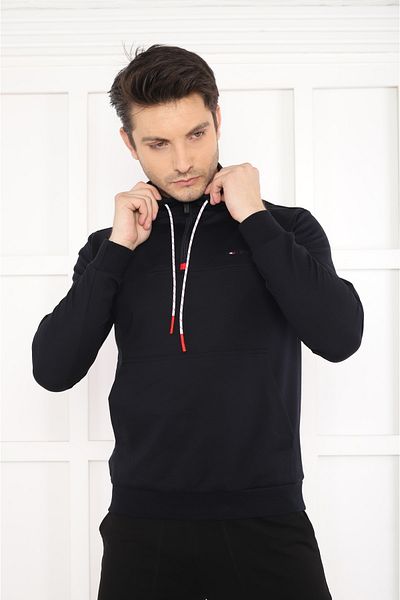 NEED LİFE Men's Navy Half Zipper Corded Hooded Men's Sweat