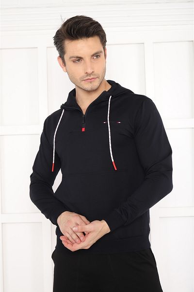 NEED LİFE Men's Navy Half Zipper Corded Hooded Men's Sweat