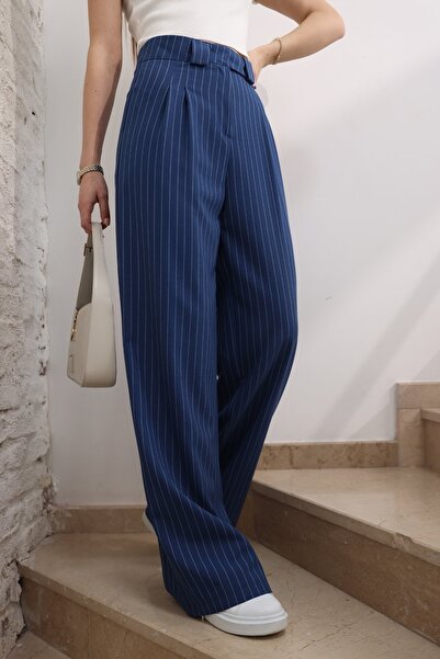 vuvutasarım Жіночі брюки з широкими штанинами, смугасті, з деталями на талії, темно-сині 2042