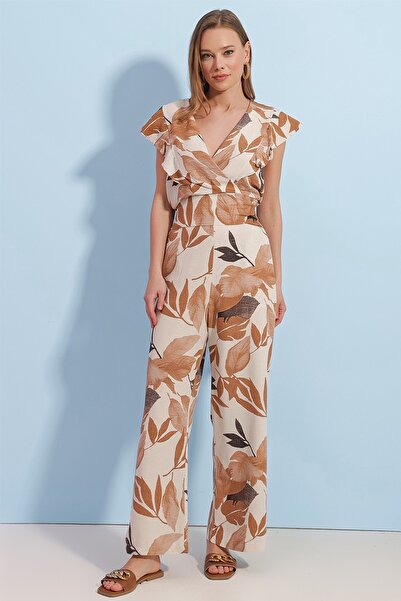 Pattaya Women's Floral Patterned Gipe Detailed Linen Bottom Top Set P23s191-1342