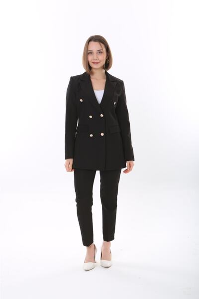 ModaSehle Women's Buttoned Blazer Jacket Belted Trousers Woven Atlas Fabric Suit