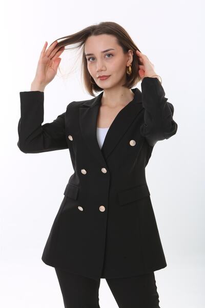 ModaSehle Women's Buttoned Blazer Jacket Belted Trousers Woven Atlas Fabric Suit