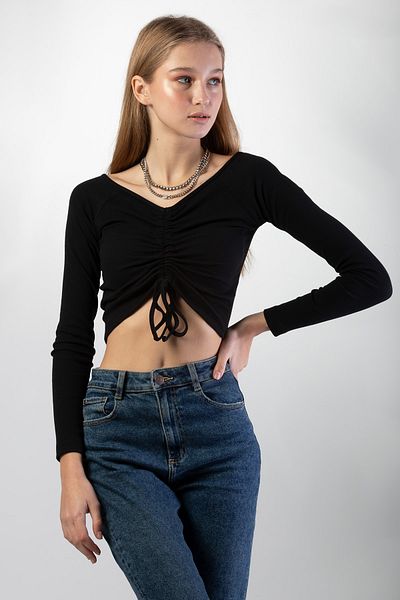 Pattaya Vorne geraffte, gerippte Crop-Bluse für Damen Y20w145-sa021