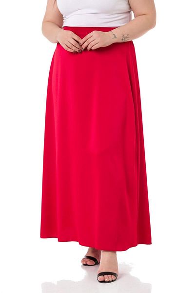 DISENTIS MODEST Large Size Elastic Waist Back Flared Satin Long Red Skirt