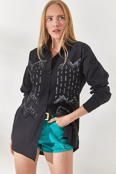 Olalook Dámská geometrická černá trička s flitry s detailním oversize košilí GML-19001106