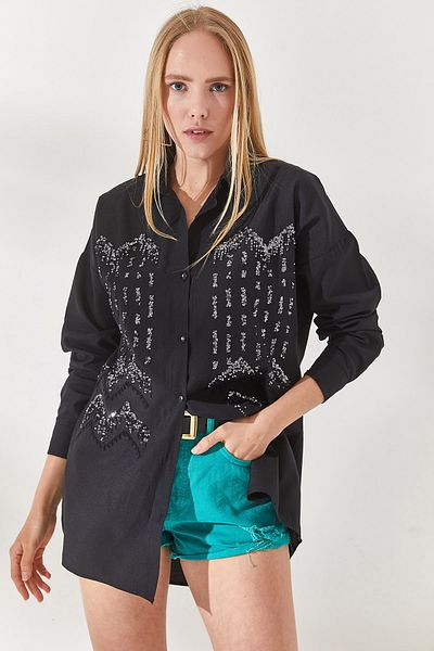 Olalook Dámská geometrická černá trička s flitry s detailním oversize košilí GML-19001106