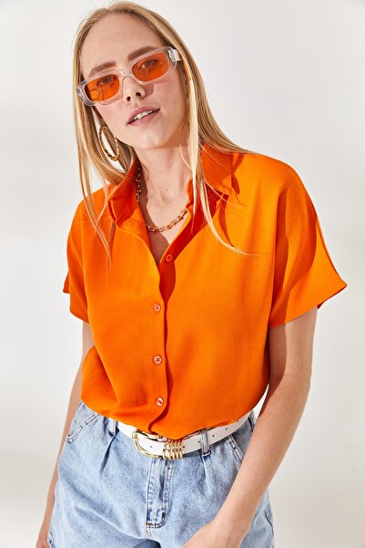 Olalook Cămașă oversize din in liliac portocaliu pentru femei GML-19001109