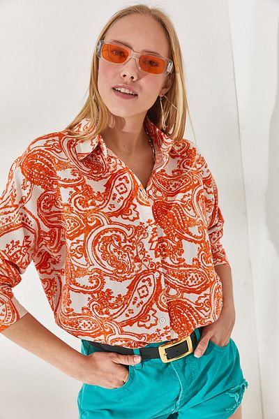 Olalook Women's Large Shawl Orange Bat Oversize Linen Viscose Shirt GML-19001071