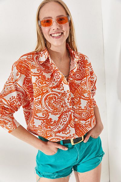 Olalook Women's Large Shawl Orange Bat Oversize Linen Viscose Shirt GML-19001071