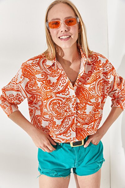 Olalook Women's Large Shawl Orange Bat Oversize Linen Viscose Shirt GML-19001071