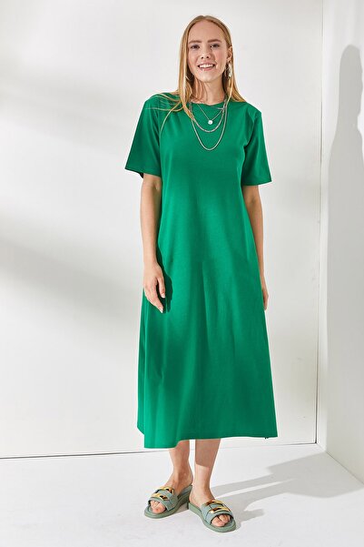 Olalook Grasgrünes Oversize-Baumwollkleid für Damen mit Seitenschlitzen ELB-19001880