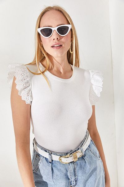 Olalook Bluză de damă, albă, din bumbac Lycra, BLZ-19002254
