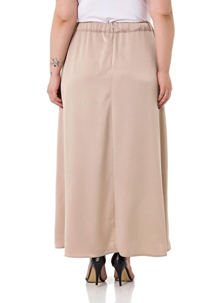DISENTIS MODEST Large Size Elastic Waist Back Flared Satin Long Beige Skirt