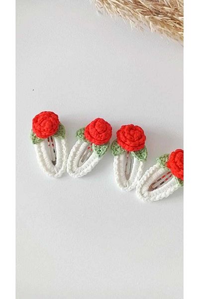 Kadın Girişimciler Atölyesi Red Rose Model Handmade Knitted 2-Piece Snap Buckle