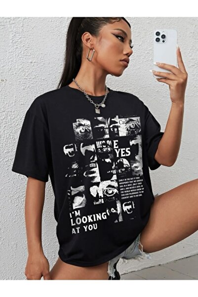 ALİKA أنا أنظر إليك تي شيرت مطبوع كبير الحجم للجنسين