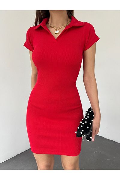 Fav Style Women's Polo Neck Short Sleeve Camisole Short Dress Red