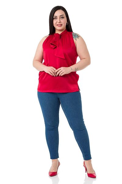 DISENTIS MODEST Plus Size Satin Red Blouse with Scarf and Side Slits