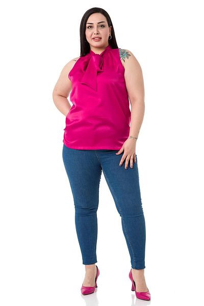 DISENTIS MODEST Plus Size Satin Fuchsia Blouse with Scarf and Side Slits