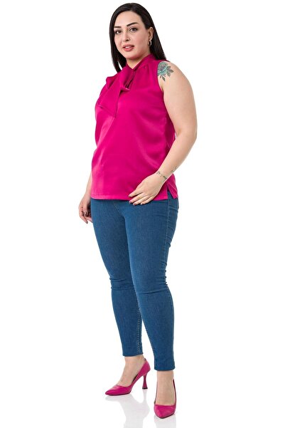 DISENTIS MODEST Σατέν Φούξια Μπλούζα Plus Size με Κασκόλ και Σχισμές στο πλάι