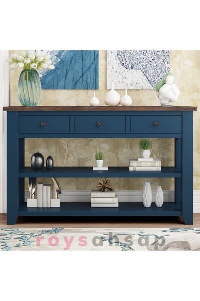 ROYS AHŞAP 140 Cm Lacivert Üstü Koyu Ceviz 3 Çekmeceli Masif Dresuar