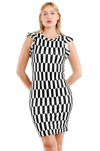 Chiccy Grey-black Round Neck Ruffle Sleeve Allover Printed Knitted Dress