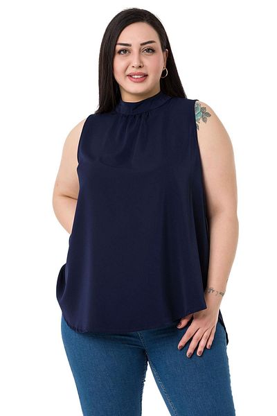 DISENTIS MODEST Plus Size Collar Back Buttoned Stand Collar Flowing Sleeveless Navy Blue Blouse