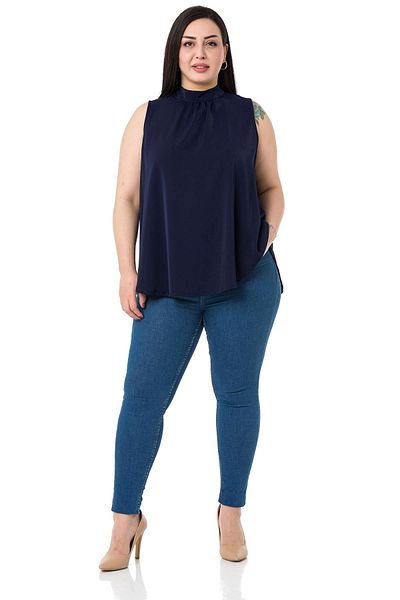 DISENTIS MODEST Plus Size Collar Back Buttoned Stand Collar Flowing Sleeveless Navy Blue Blouse
