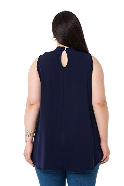 DISENTIS MODEST Plus Size Collar Back Buttoned Stand Collar Flowing Sleeveless Navy Blue Blouse