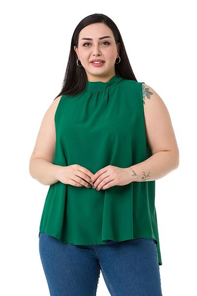 DISENTIS MODEST Plus Size Collar Back Buttoned Stand Collar Flowing Sleeveless Emerald Blouse