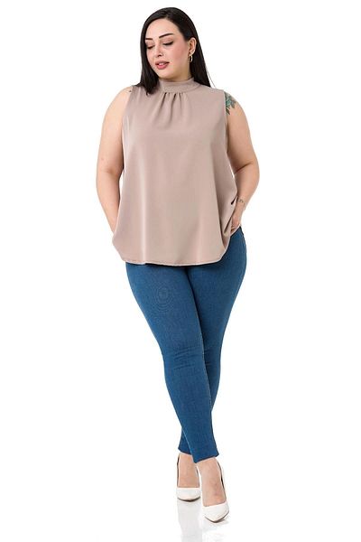 DISENTIS MODEST Plus Size Collar Back Buttoned Stand Collar Flowing Sleeveless Mink Blouse