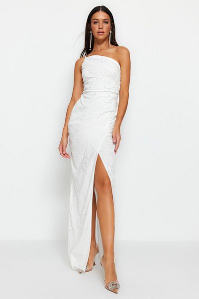 Trendyol Collection Εκρού με υφαντό γκλίτερ παγιέτες γάμου/Nikah μακρύ βραδινό φόρεμα TPRSS23AE00261
