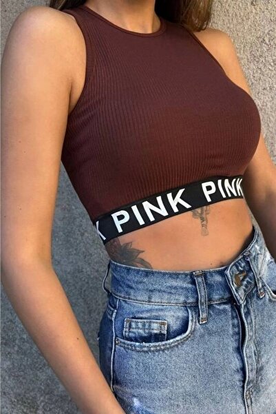 Kahverengi Şeritli Kolsuz Crop Bluz