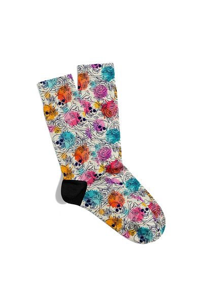 Eğlenceli Çoraplar Fun Socks Unisex Floral Colorful Skull Pattern Printed Socks Ecsoket473