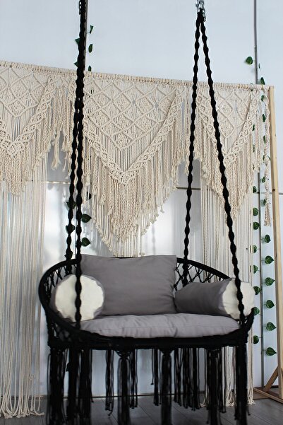 ALTINOLUK HAMAK Makrome Salıncak Bahçe Balkon Salıncağı   Siyah  Yuvarlak Min...