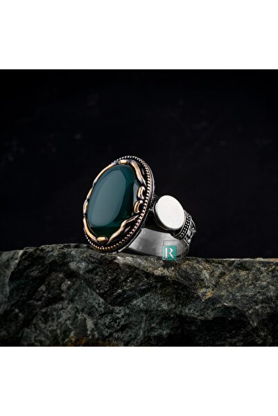 RevSilver 925 Ayar Gümüş Yüzük Oval Akik Kaplan Gözü Zirkon Taşlı