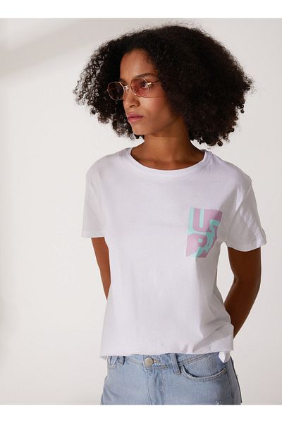 U.S. Polo Assn. Tricou alb cu gât cu imprimeu pentru damă Ghetto