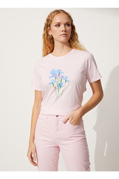 People By Fabrika Bisiklet Yaka Baskılı Pudra Kadın T-shirt Padang