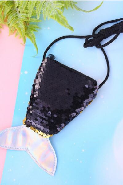 Defnella Kız Çocuk Siyah Pullu Deniz Kızı Kuyruğu Fermuarlı Askılı Çanta