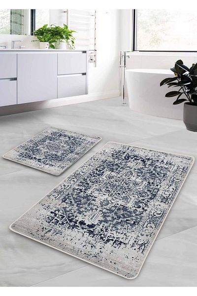 Pilloveland Non-Slip Base Washable 2-Piece Bath Mat - Navy Blue Farmhouse Patterned 60*100 Cm - 50*60 Cm
