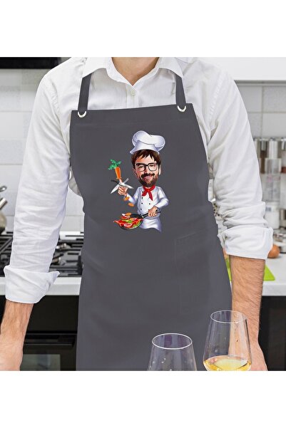 Bk Gift Kişiye Özel Erkek Chef Karikatürlü Profesyonel Antrasit Mutfak Aşçı Ş...