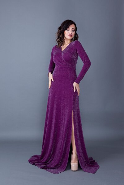 Bidoluelbise فستان سهرة نسائي طويل الأكمام من القماش اللامع بفتحة رقبة مزدوجة...