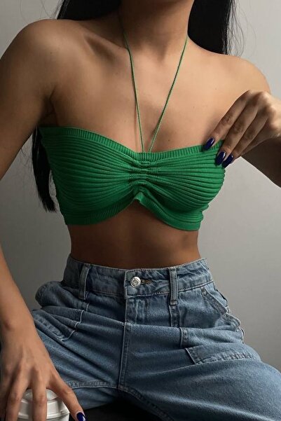 lovebox Kadın Yeşil Boyun Bağlamalı Büzgülü Crop Bluz 23s50005