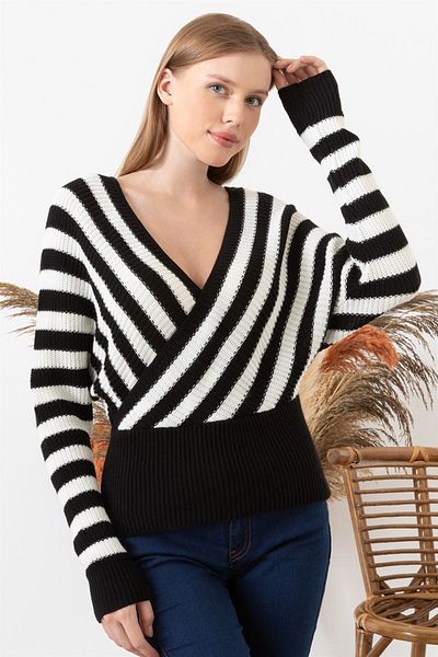AQE FASHION Pulover negru cu mânecă lungă, cu decolteu în V, cu dungi